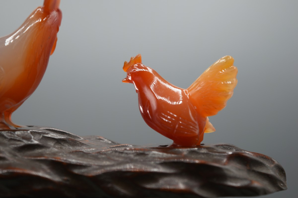 Statuette Of Roosters In Agate, Chinese Handicraft About 1950-photo-5