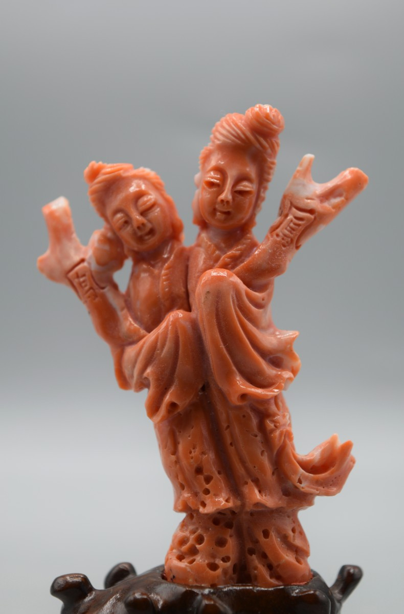 Sculpture de Deux Fées Chinoises en Corail Rouge Véritable-photo-2