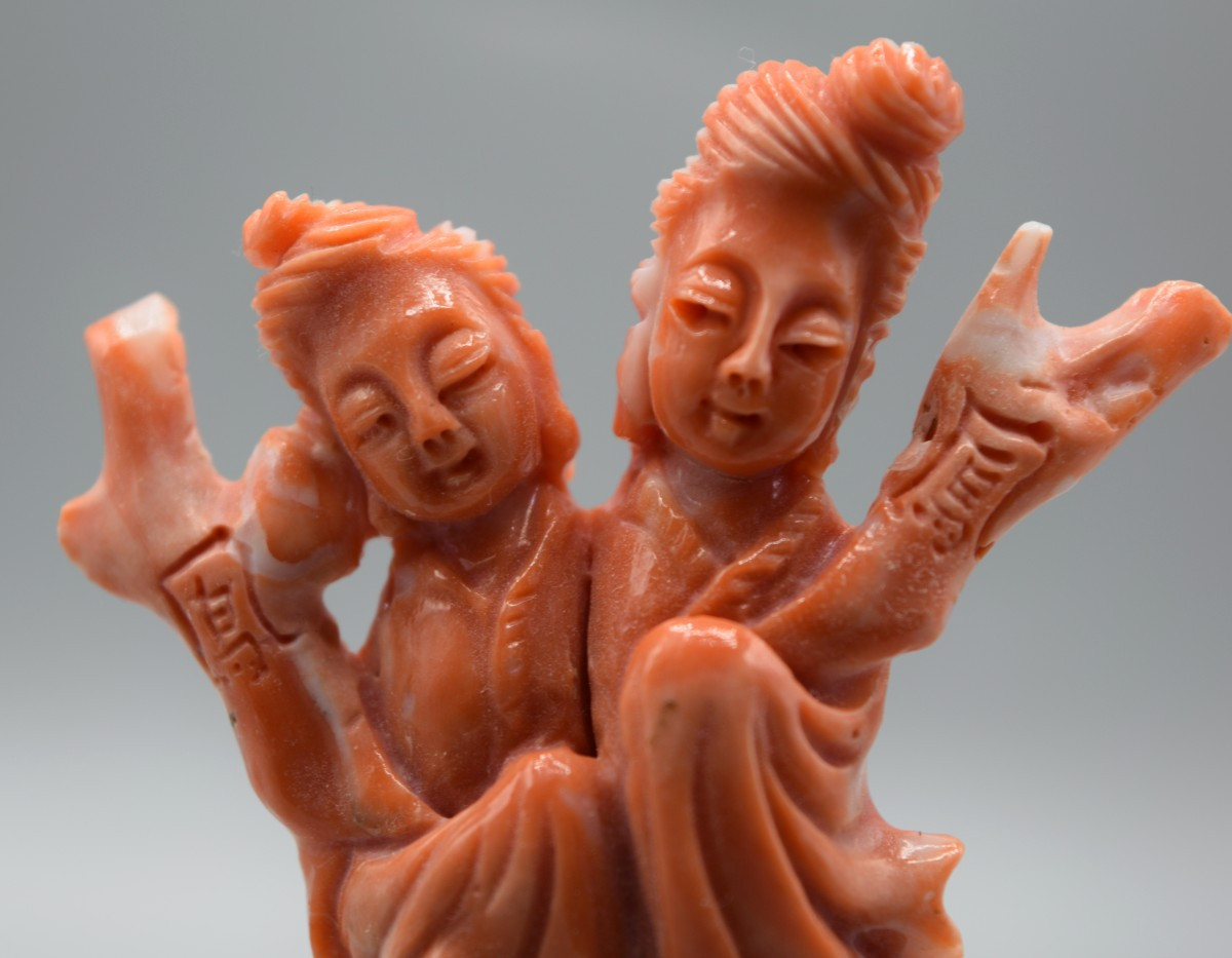 Sculpture de Deux Fées Chinoises en Corail Rouge Véritable-photo-3