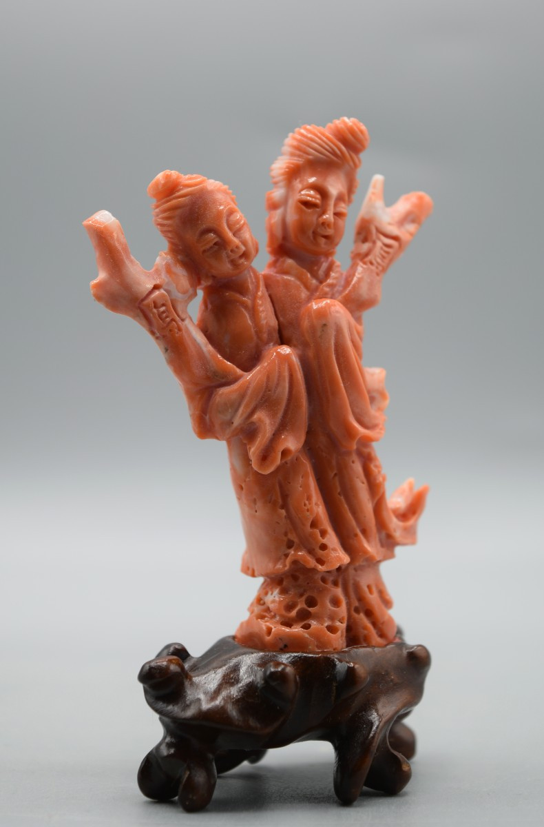 Sculpture de Deux Fées Chinoises en Corail Rouge Véritable-photo-4