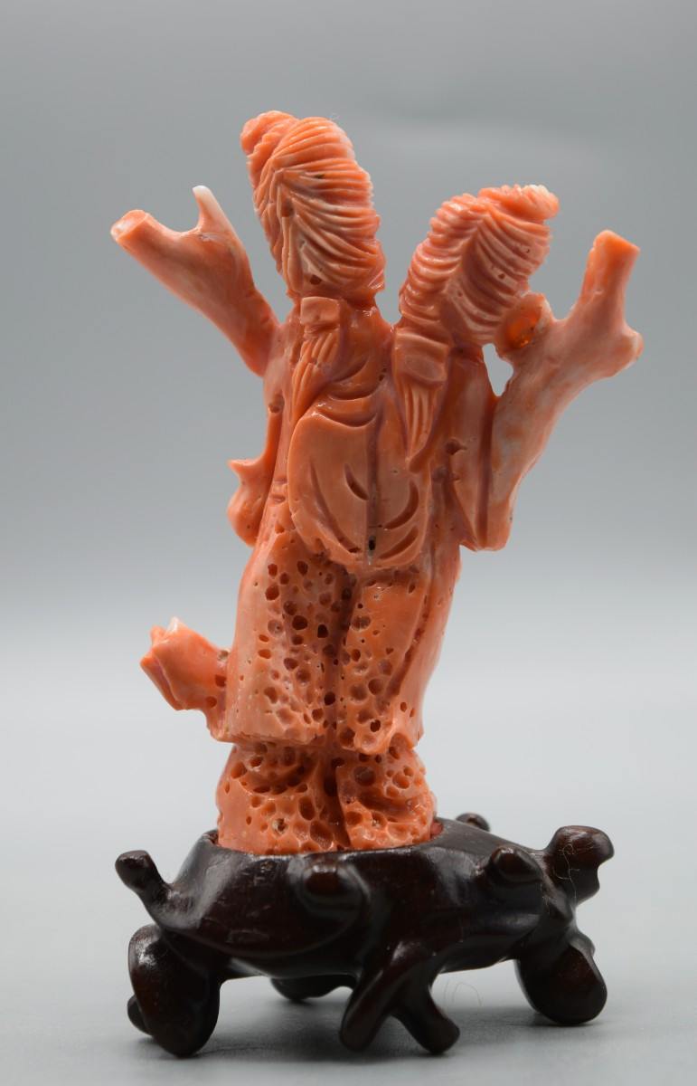 Sculpture de Deux Fées Chinoises en Corail Rouge Véritable-photo-2
