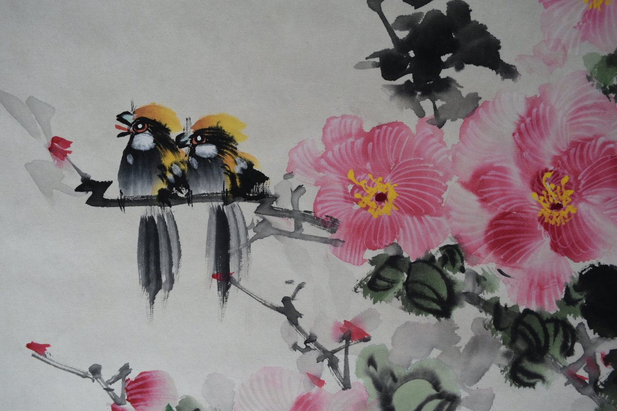 Couple de canards mandarins sous les fleurs-photo-4