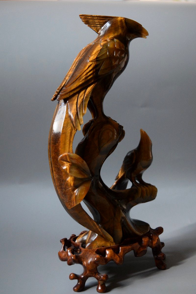 Antique Tiger's-eye Sculpture—carved Birds, China, Ca. 1960, H 27 Cm-photo-3