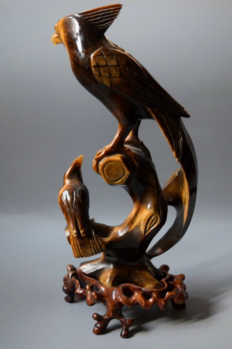 Antique Tiger's-eye Sculpture—carved Birds, China, Ca. 1960, H 27 Cm-photo-1