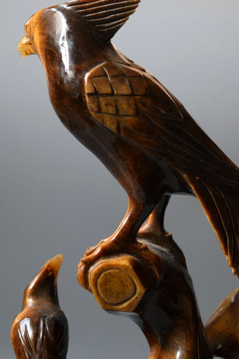 Antique Tiger's-eye Sculpture—carved Birds, China, Ca. 1960, H 27 Cm-photo-2