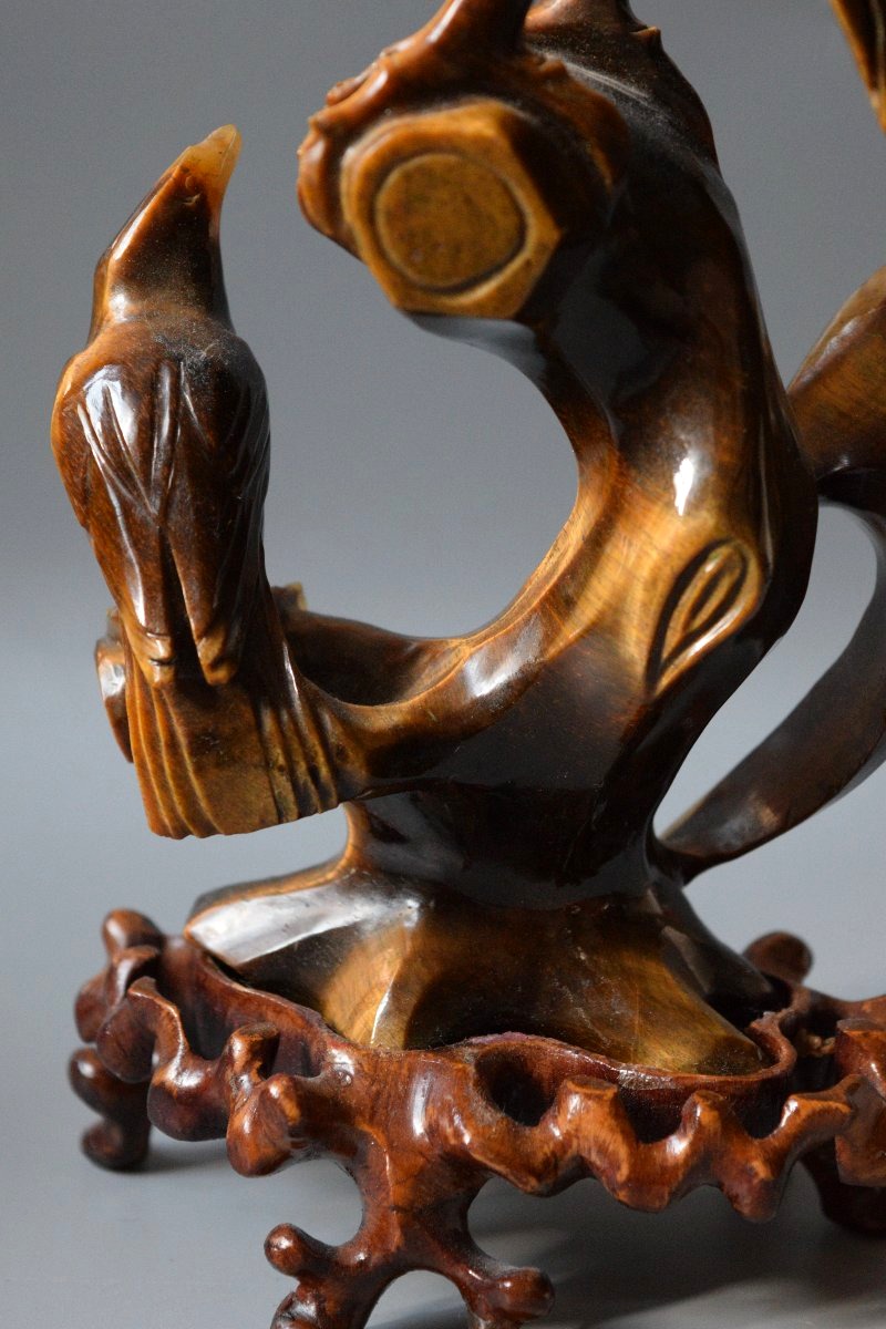 Antique Tiger's-eye Sculpture—carved Birds, China, Ca. 1960, H 27 Cm-photo-3