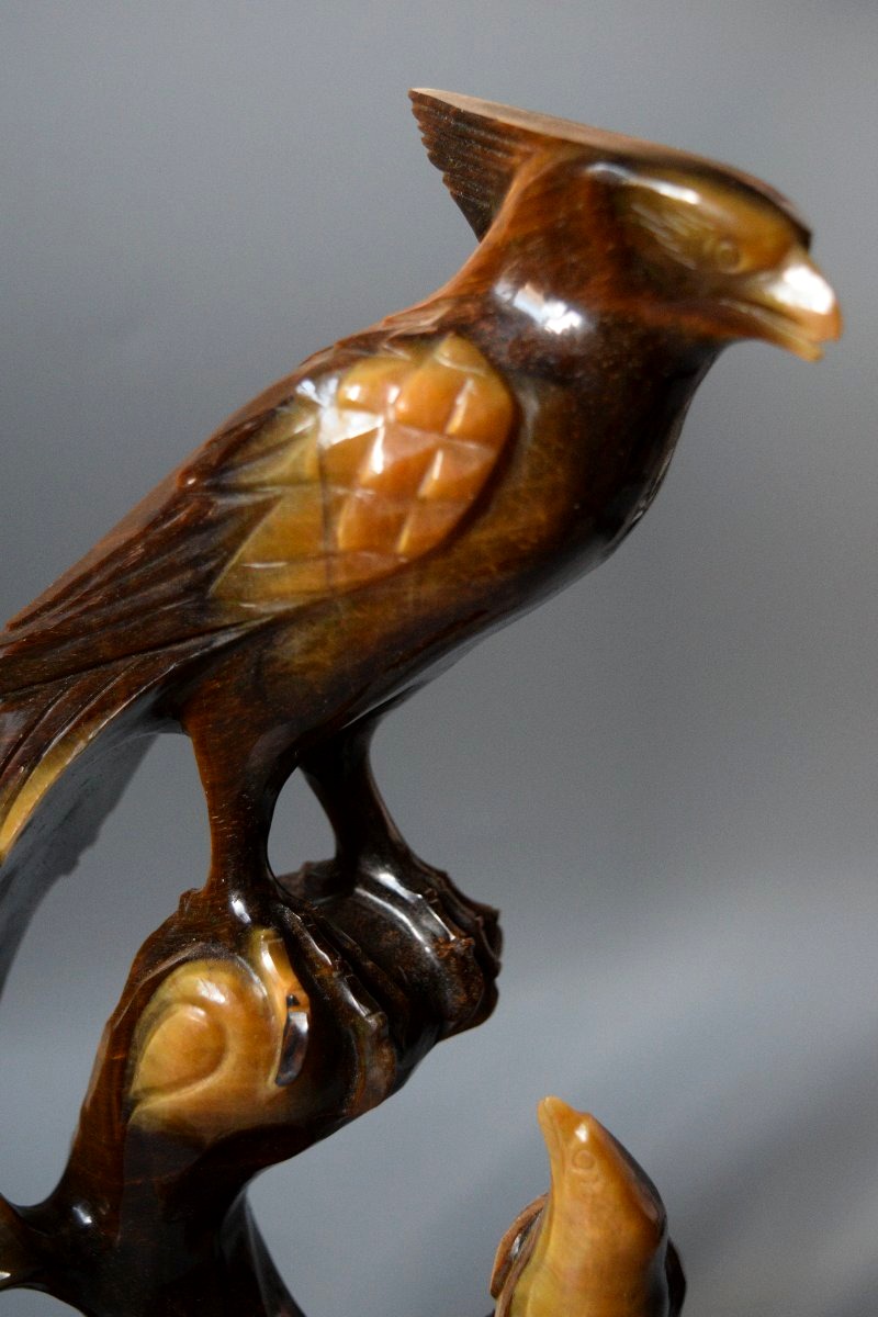 Antique Tiger's-eye Sculpture—carved Birds, China, Ca. 1960, H 27 Cm-photo-4