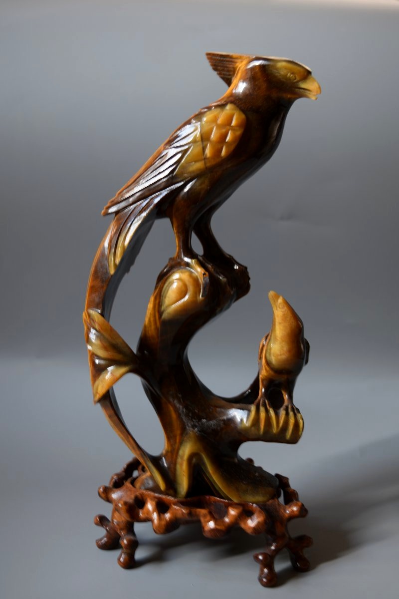Antique Tiger's-eye Sculpture—carved Birds, China, Ca. 1960, H 27 Cm