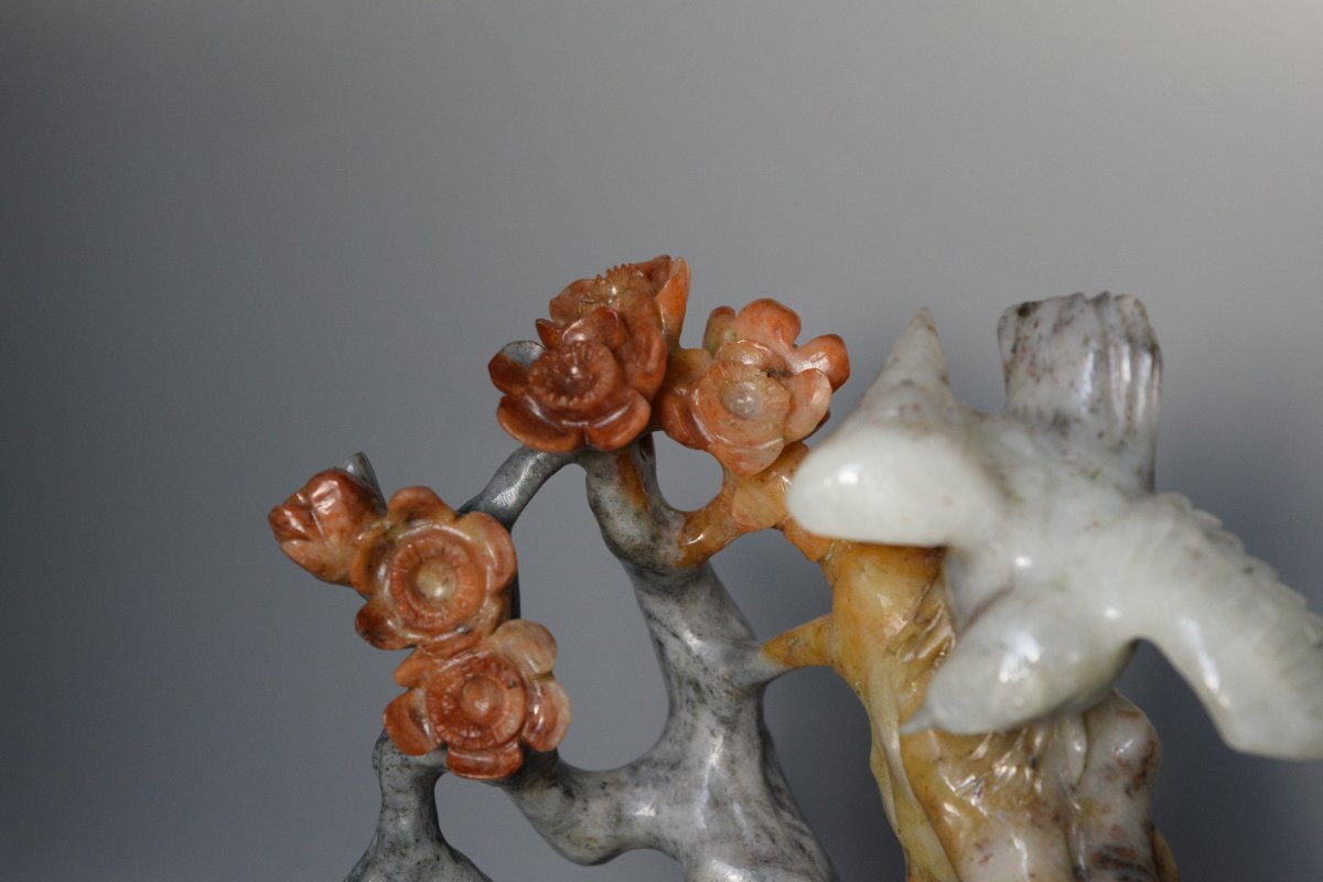 Handcrafted Chinese Stone Sculpture (flowers And Birds) With A Base-photo-2