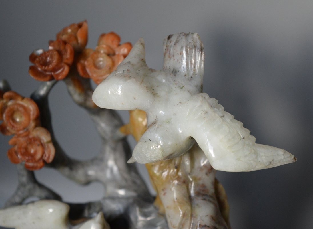 Handcrafted Chinese Stone Sculpture (flowers And Birds) With A Base-photo-3