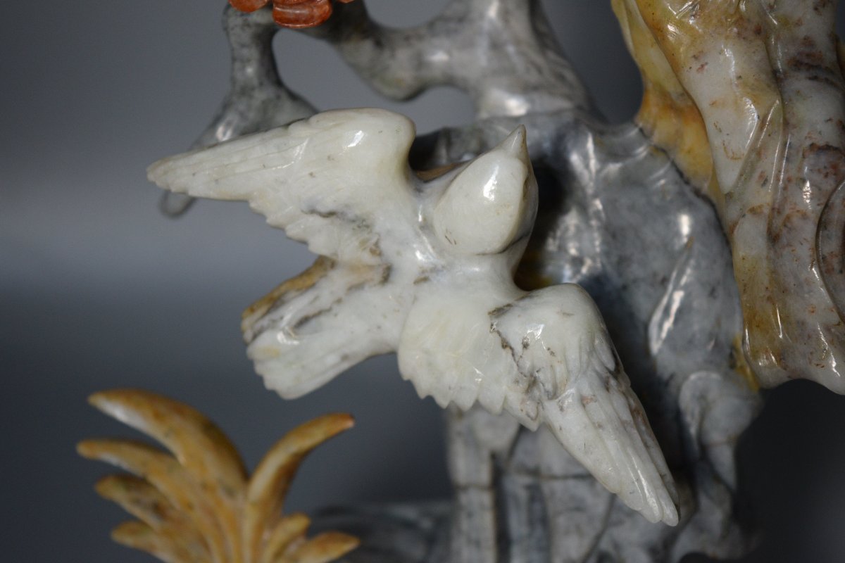 Handcrafted Chinese Stone Sculpture (flowers And Birds) With A Base-photo-4