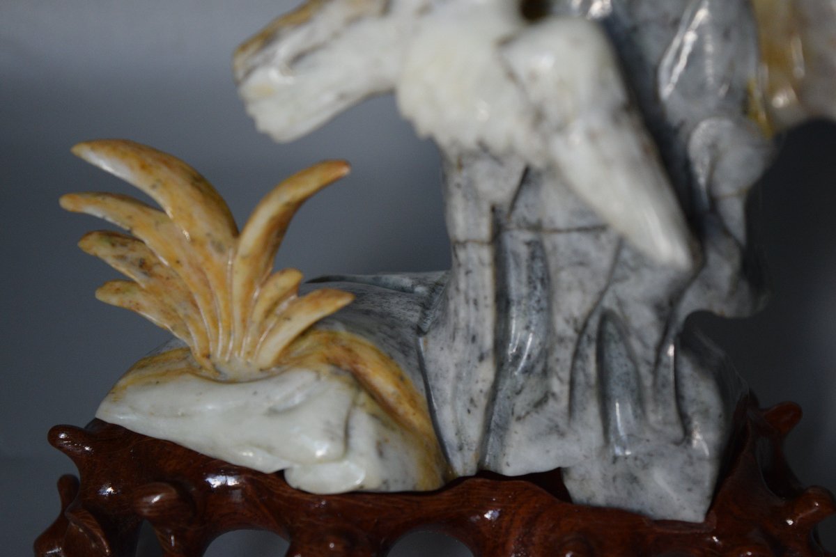 Handcrafted Chinese Stone Sculpture (flowers And Birds) With A Base-photo-1
