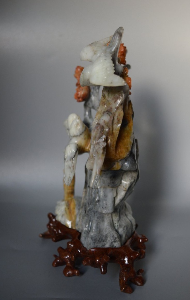 Handcrafted Chinese Stone Sculpture (flowers And Birds) With A Base-photo-2