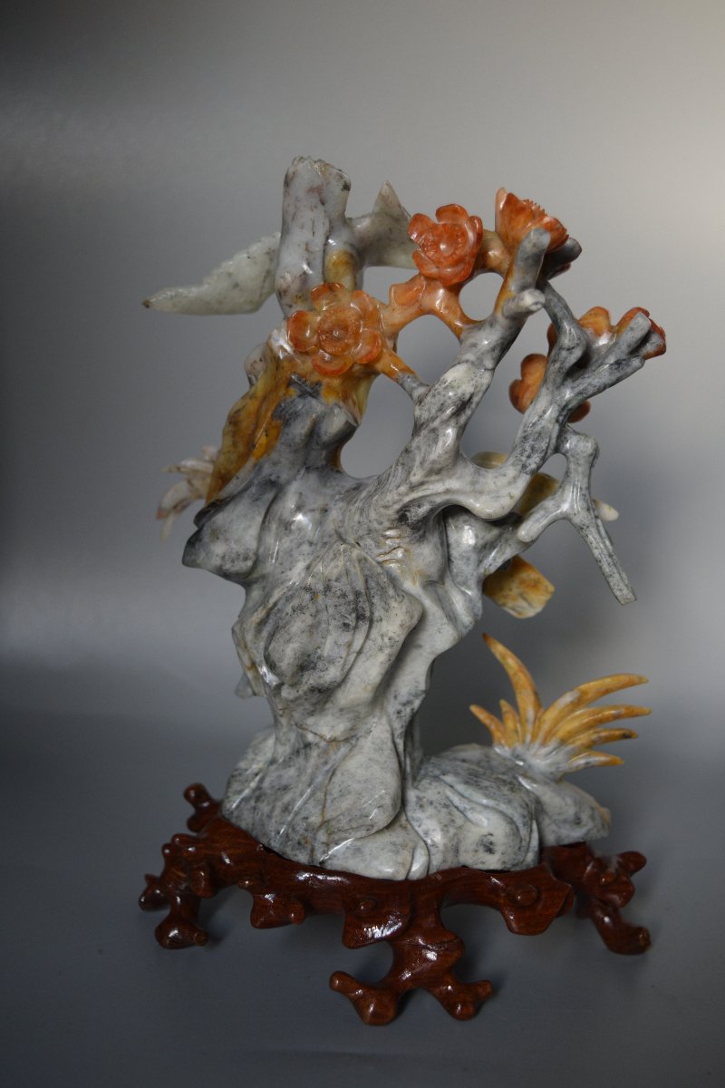 Handcrafted Chinese Stone Sculpture (flowers And Birds) With A Base-photo-3