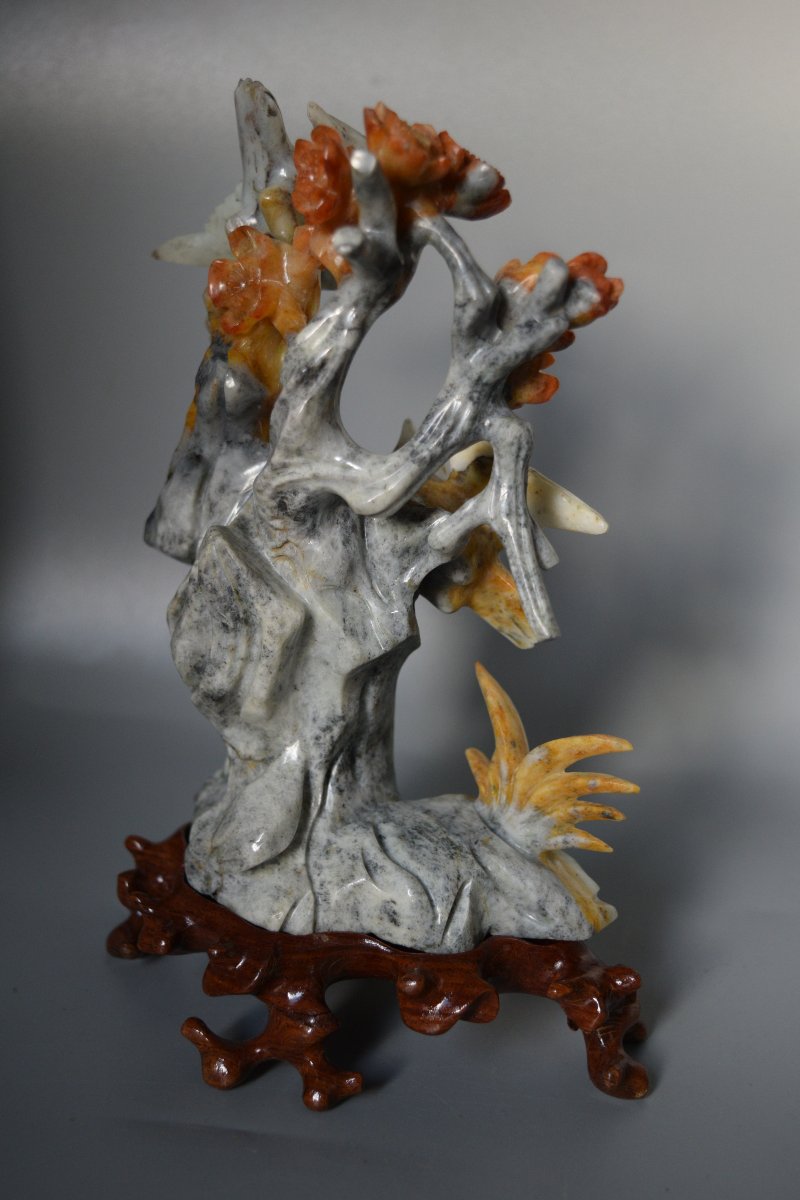 Handcrafted Chinese Stone Sculpture (flowers And Birds) With A Base-photo-4