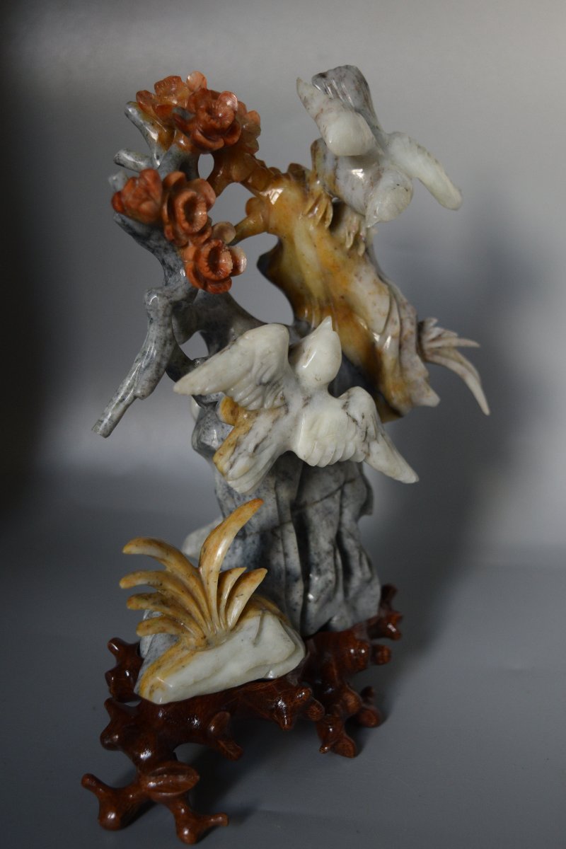 Handcrafted Chinese Stone Sculpture (flowers And Birds) With A Base-photo-5