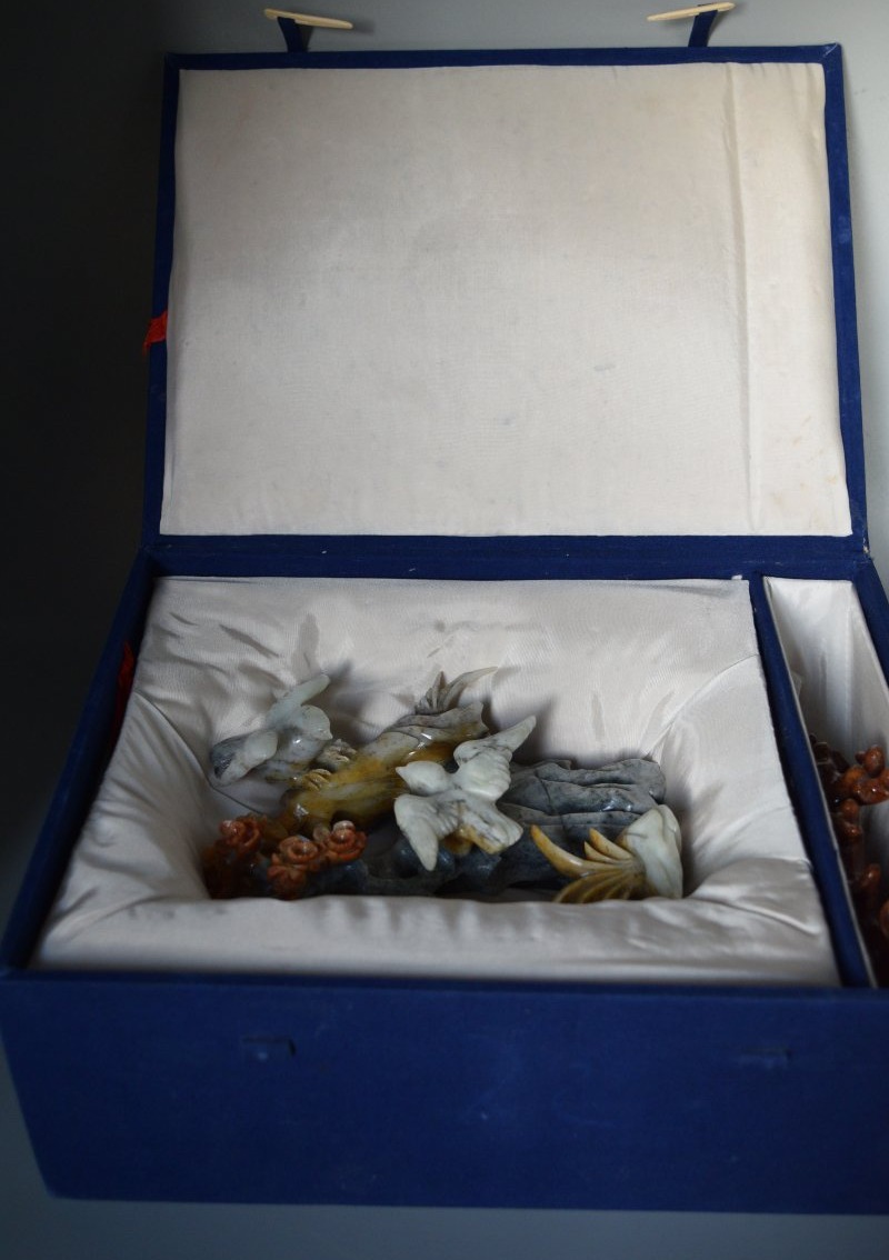 Handcrafted Chinese Stone Sculpture (flowers And Birds) With A Base-photo-8