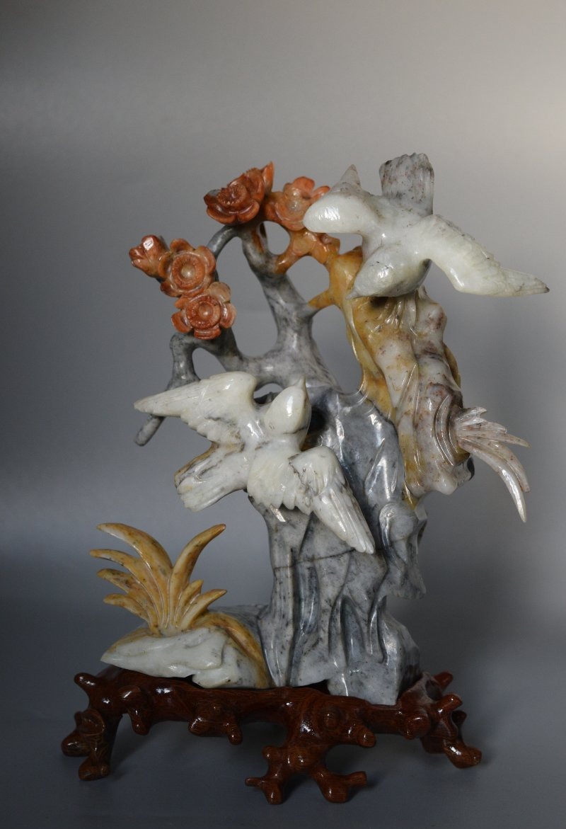 Handcrafted Chinese Stone Sculpture (flowers And Birds) With A Base