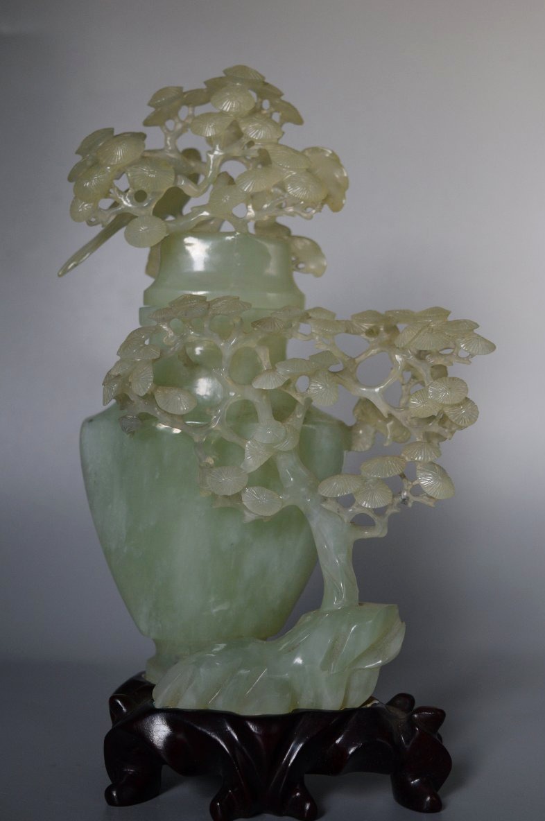 Sculpted Vase Made Of Green Hardstone With A Wooden Base - 22 Cm