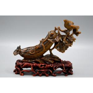 Tiger's Eye Sculpture: Bird On A Gourd, Circa 1950