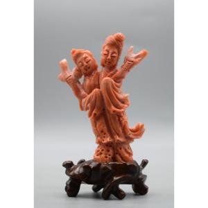 Sculpture de Deux Fées Chinoises en Corail Rouge Véritable
