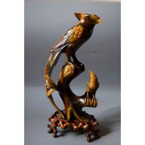 Antique Tiger's-eye Sculpture—carved Birds, China, Ca. 1960, H 27 Cm