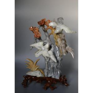 Handcrafted Chinese Stone Sculpture (flowers And Birds) With A Base