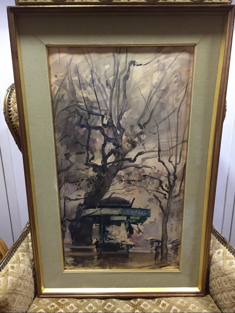 Watercolor “kiosk In Paris” By Aldo Raimondi 