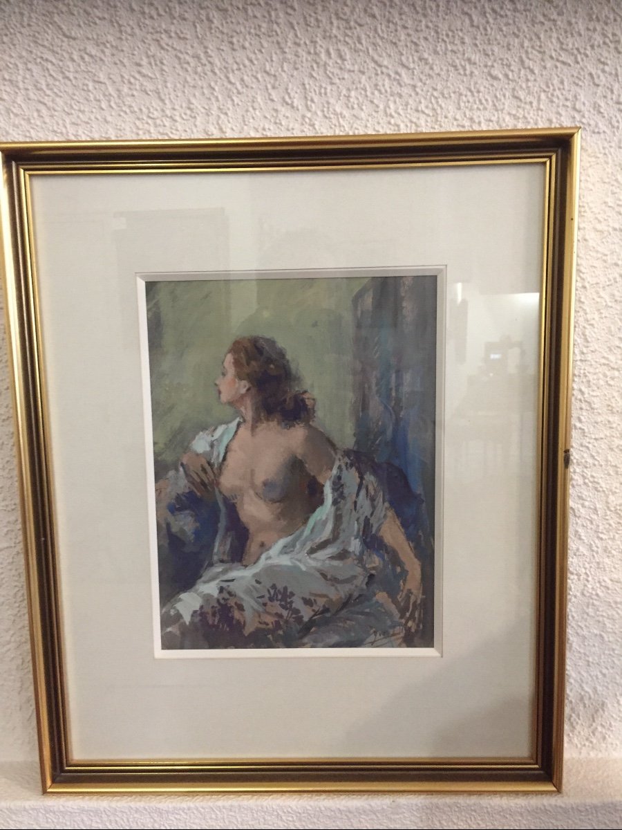 Gouache Bust Of Naked Woman By Yves Diey