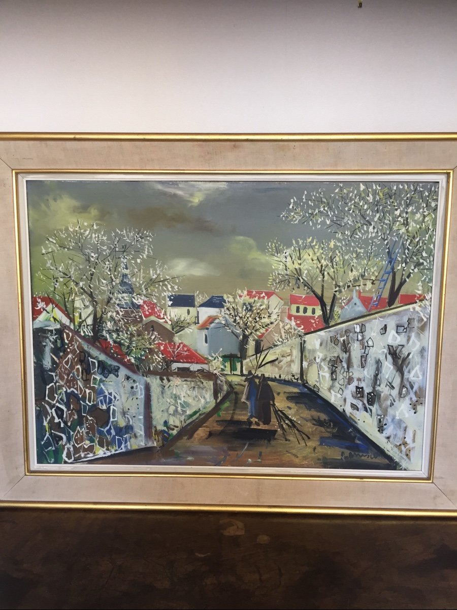 Grand Tableau  Huile Sur  Bois  « le Merveilleux Printemps «  école Naïfs Signé 