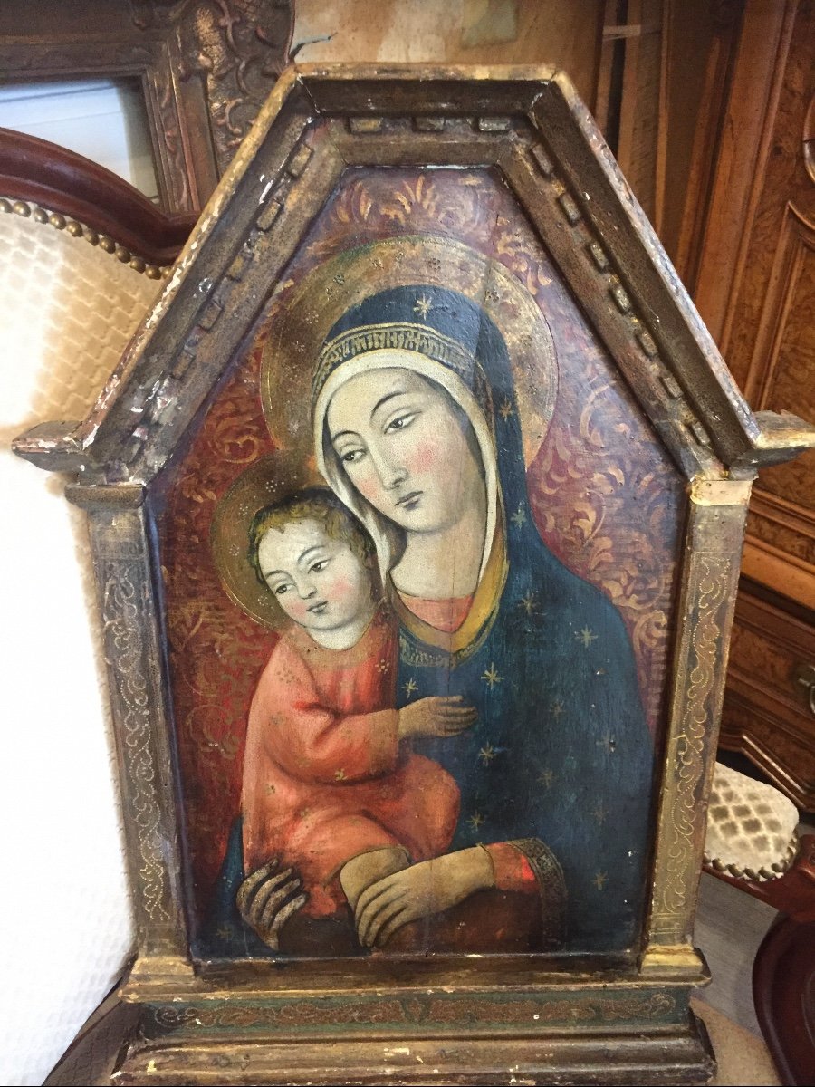 Tableau Huile Sur Panneau Vierge à L’enfant 