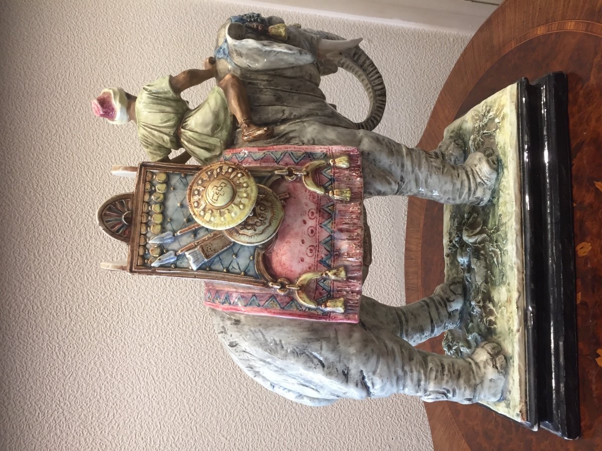 éléphant Et Cornac En Faïence Polychrome 29 éme Siècle -photo-4
