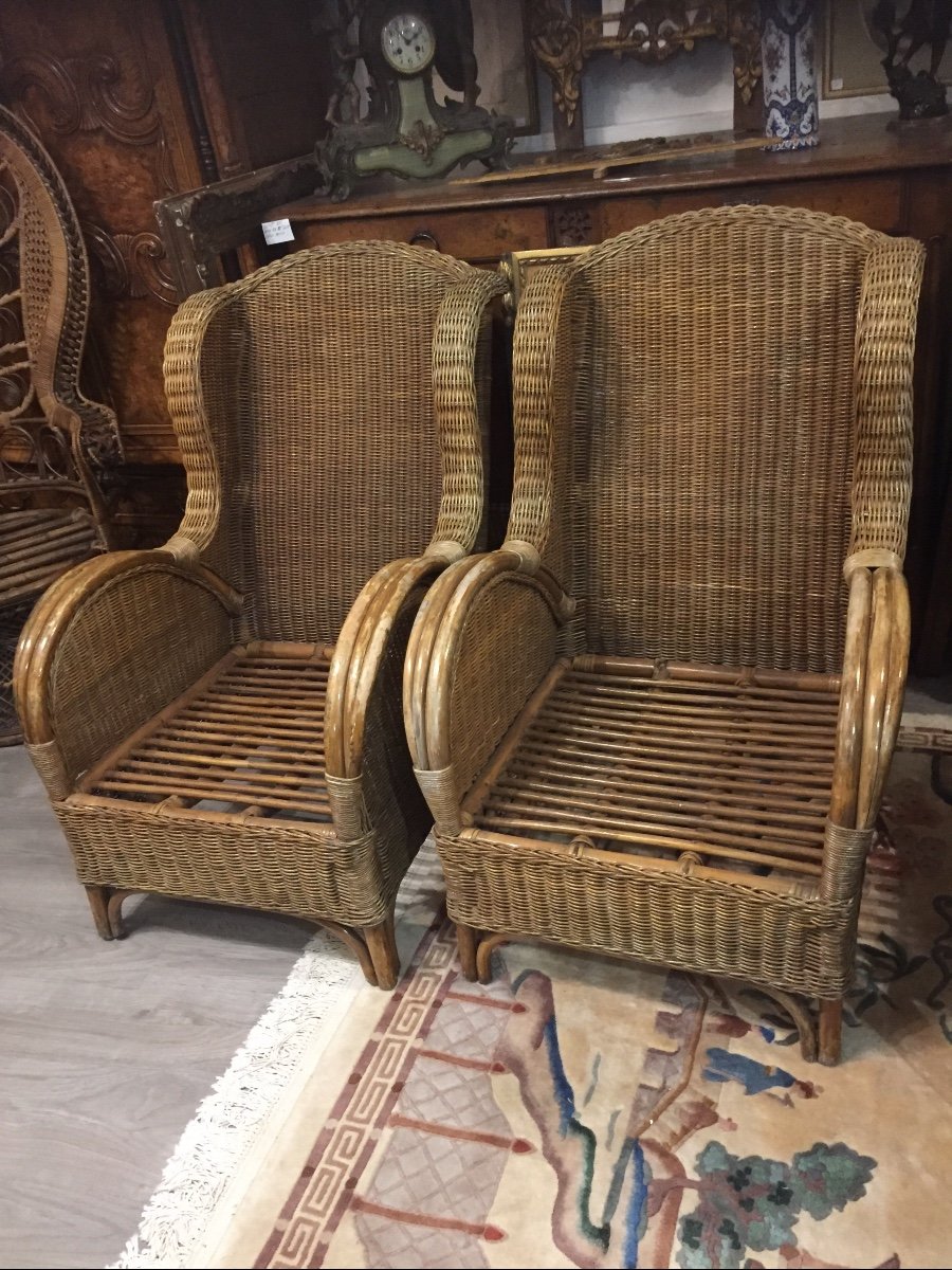 Pair Of Rattan And Bamboo Wingback Chairs From The 60s