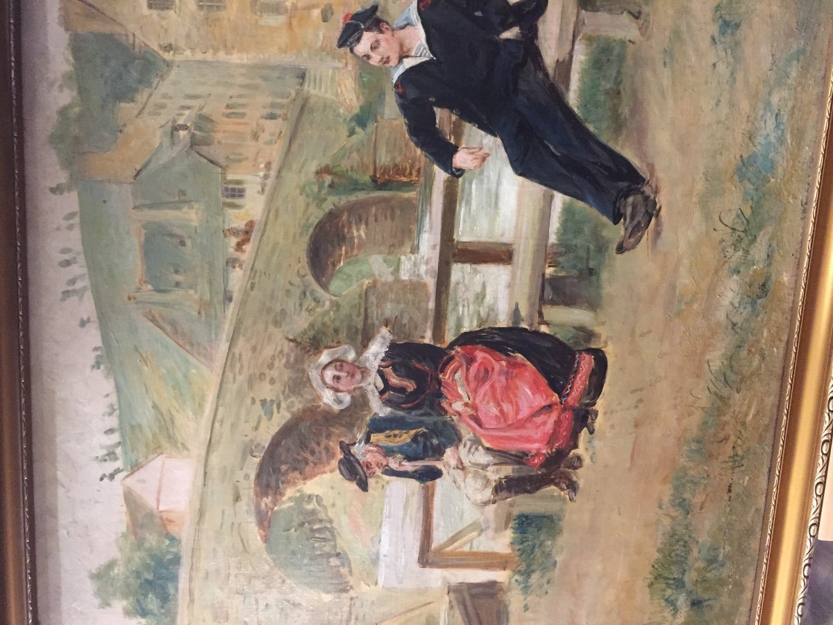 Oil Painting On Canvas Breton People Scene 19th Century -photo-4