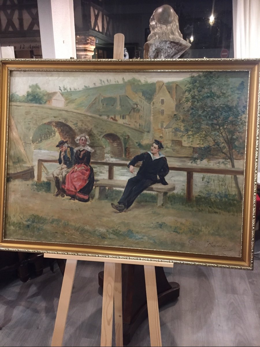 Oil Painting On Canvas Breton People Scene 19th Century 