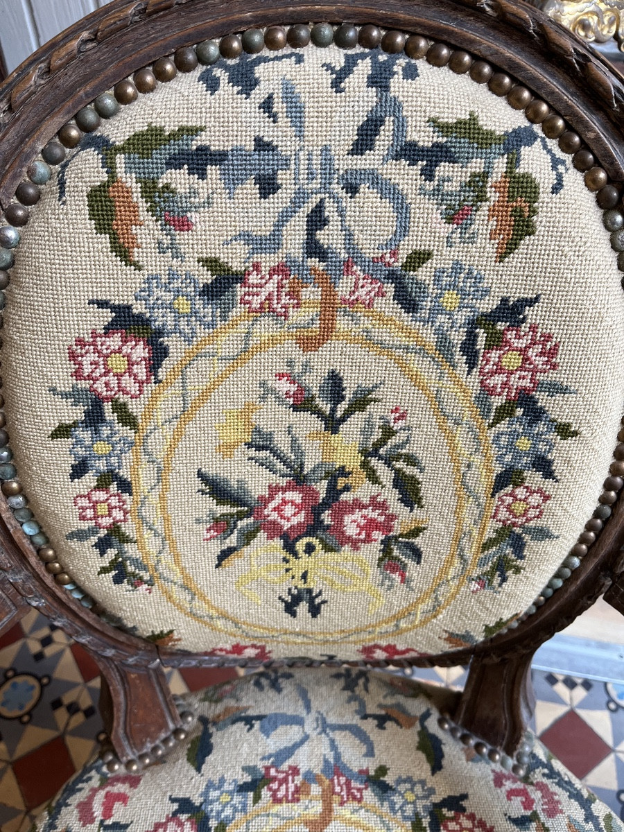 Pair Of Louis XVI Period Armchairs With Small Dot Tapestry -photo-2
