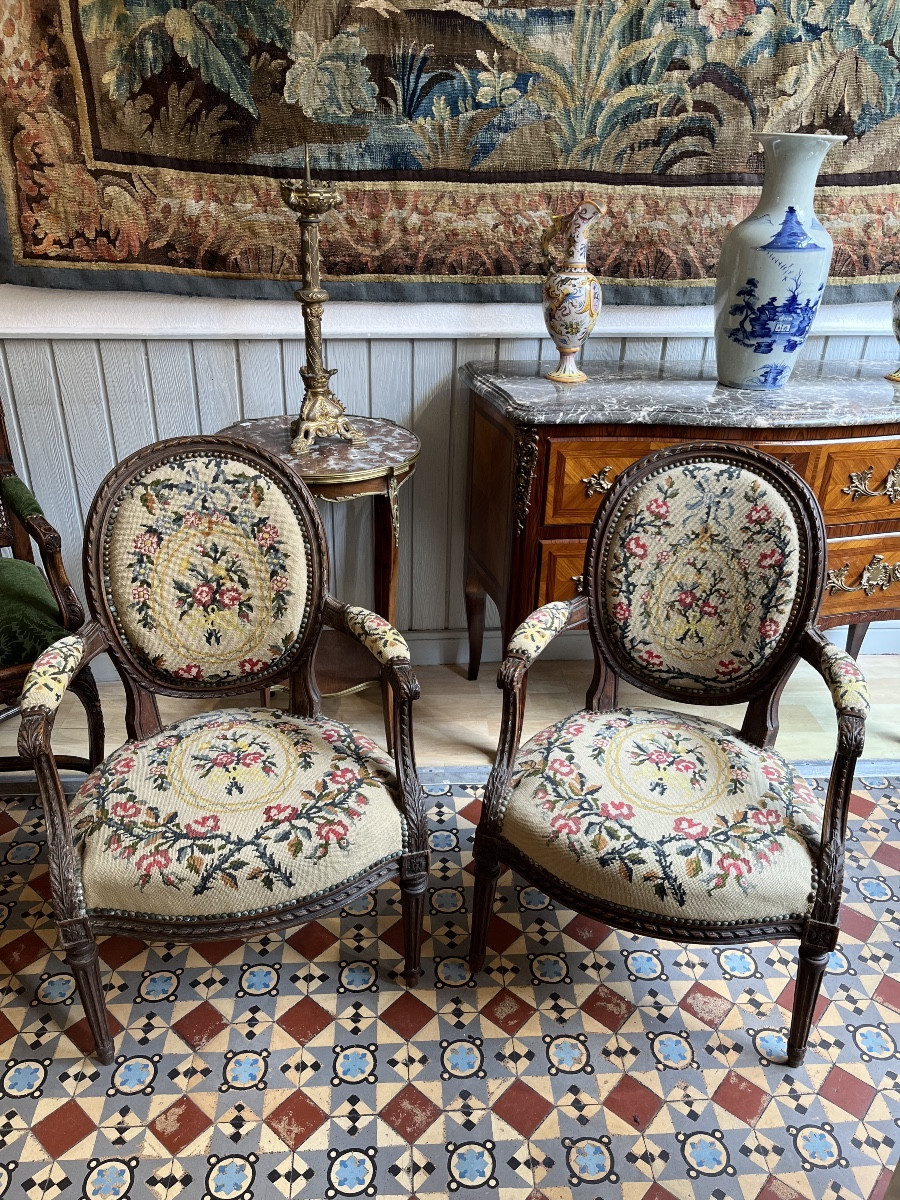 Pair Of Louis XVI Period Armchairs With Small Dot Tapestry 