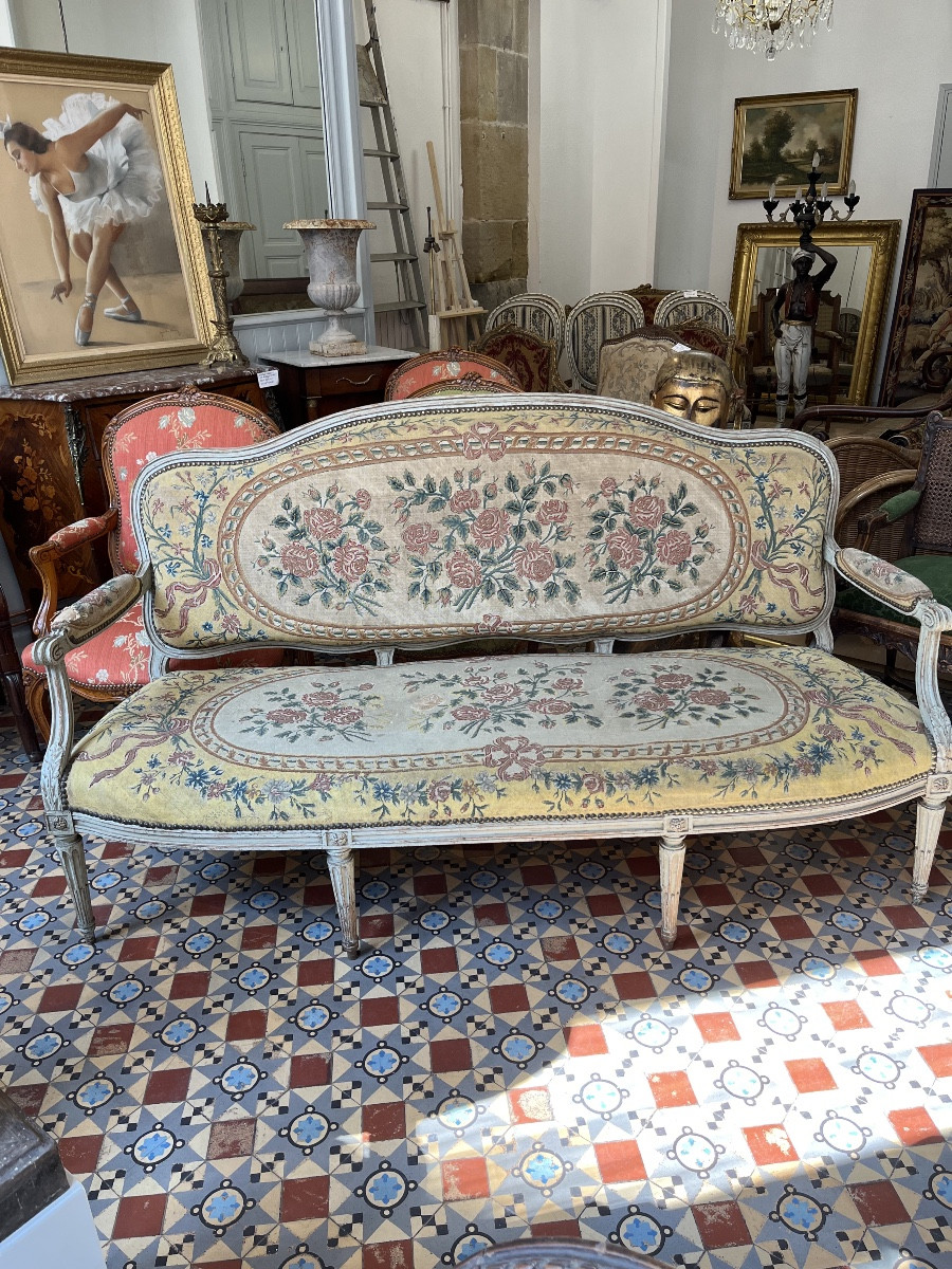 Rechampi Wood Sofa Transition Period Louis XV Louis XVI. Tapestry With Small Points 