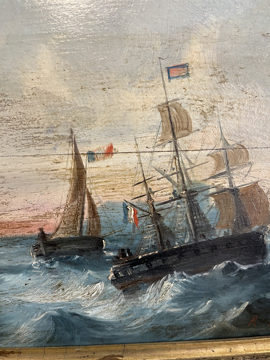 Tableau Marine Huile Sur Bois Signé Début 19 éme Siècle -photo-2