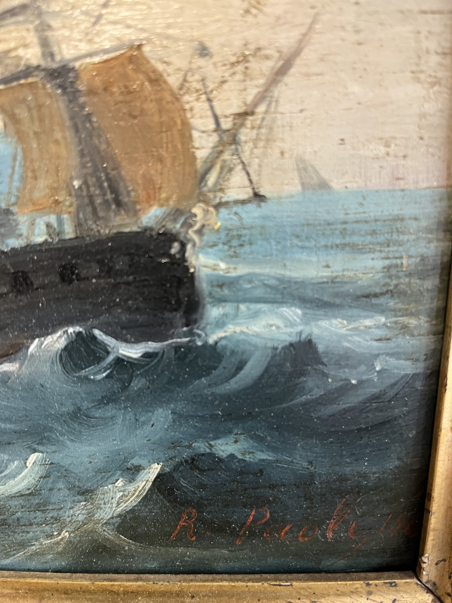 Tableau Marine Huile Sur Bois Signé Début 19 éme Siècle -photo-3