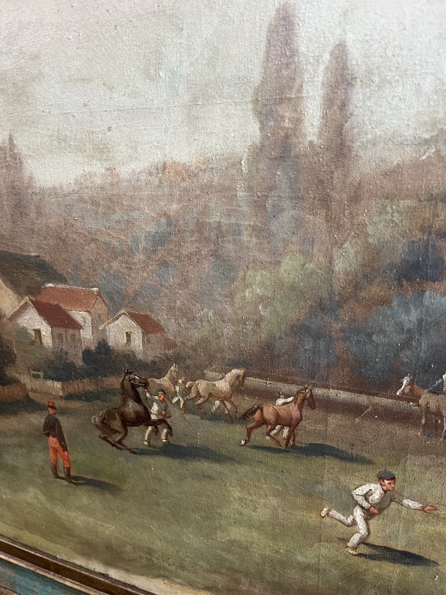 Grand Tableau Huile Sur Toile  « le Dressage Des Chevaux > 19 éme Siècle -photo-2