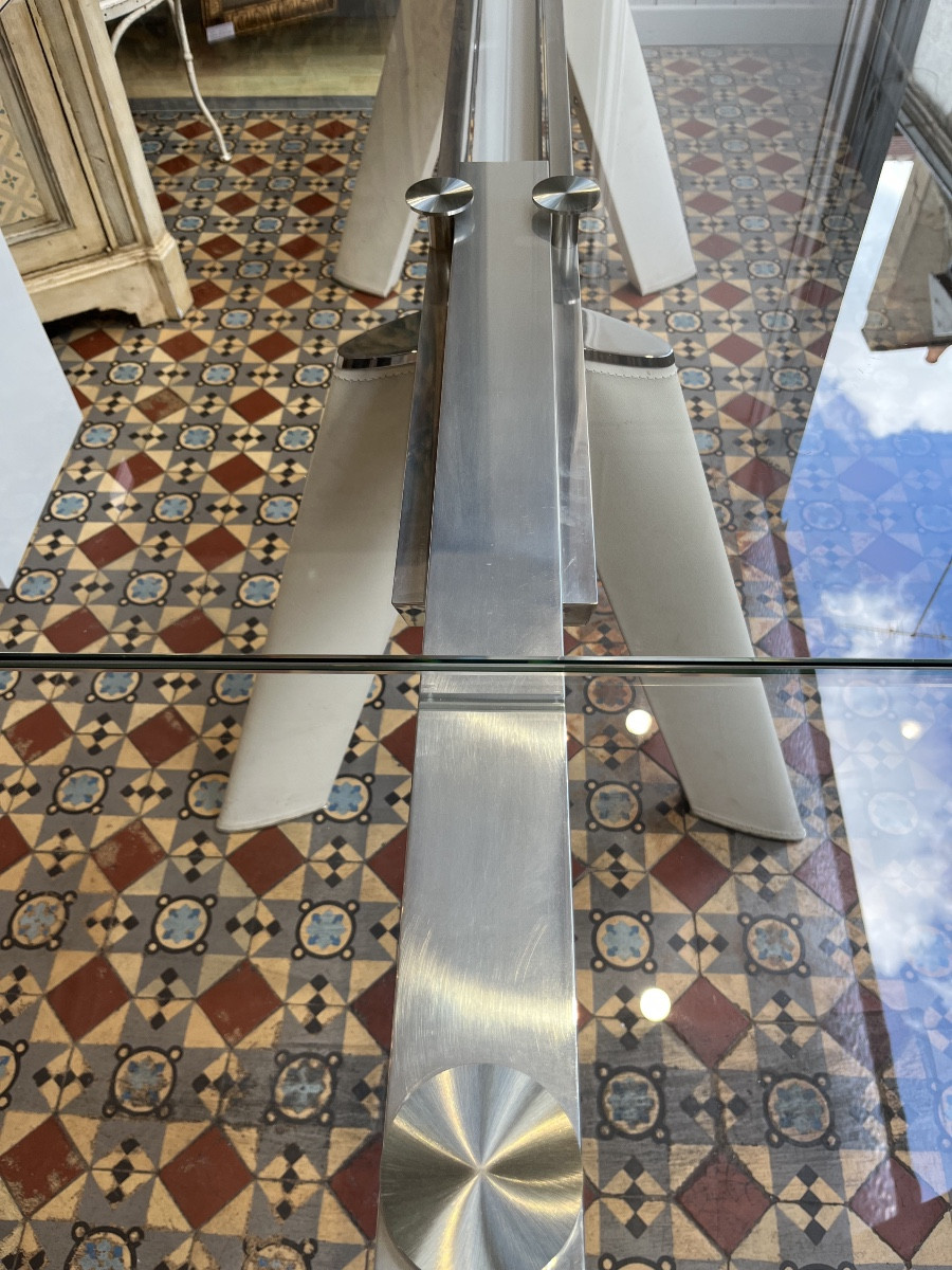 Roche Bobois Glass, Aluminum, Leather Dining Table 80s / 90s-photo-1