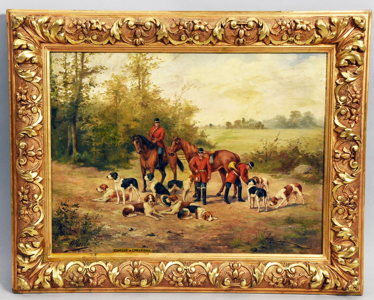Oil Painting On Canvas Hunting Scene Signed 19th Century 