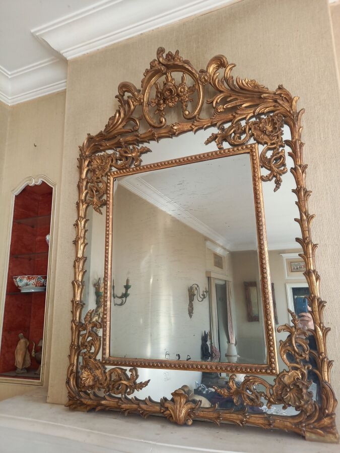 Gilded Wooden Mirror With Glazing Beads, Louis XV Style, 19th Century 