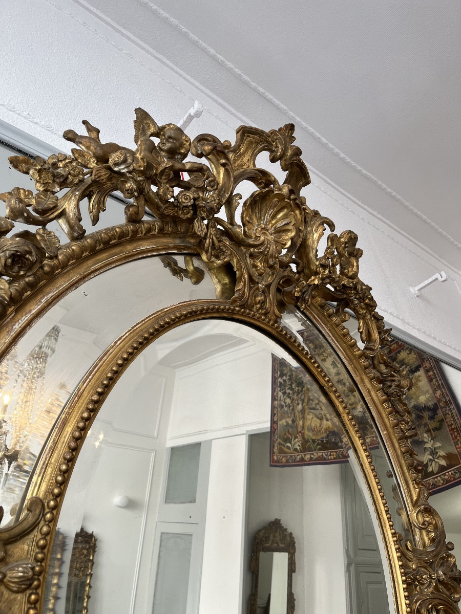 Grand miroir ovale à parecloses en bois doré de style Louis XV-photo-3