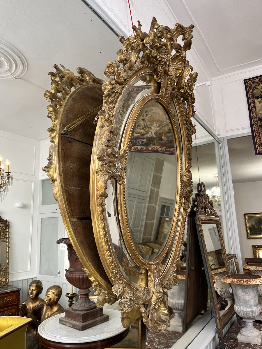 Grand miroir ovale à parecloses en bois doré de style Louis XV-photo-2