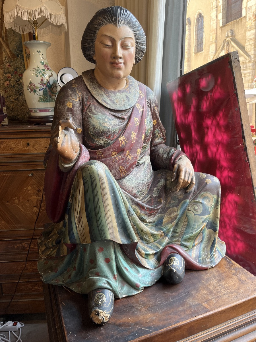 Important Pair Of Polychrome Wooden Sculptures Representing Chinese Dignitaries -photo-2
