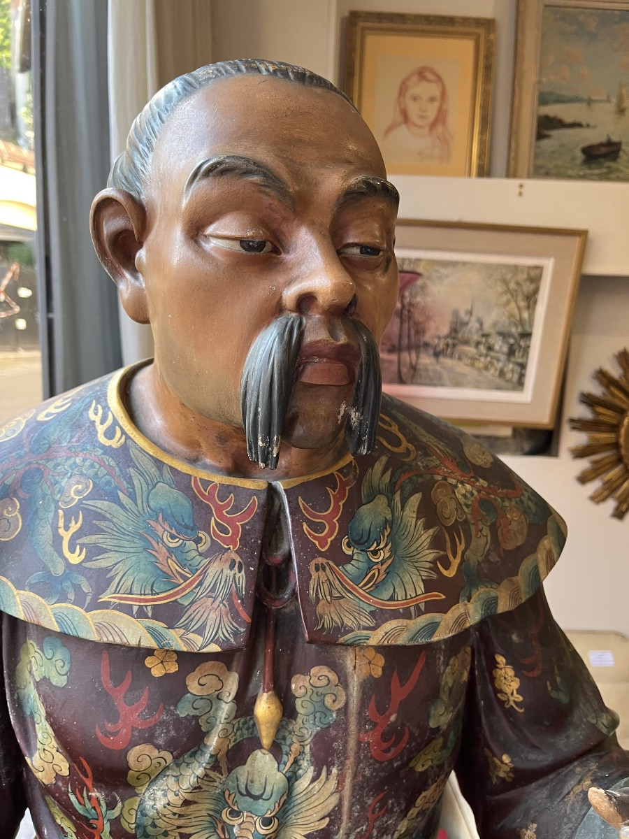 Important Pair Of Polychrome Wooden Sculptures Representing Chinese Dignitaries -photo-4