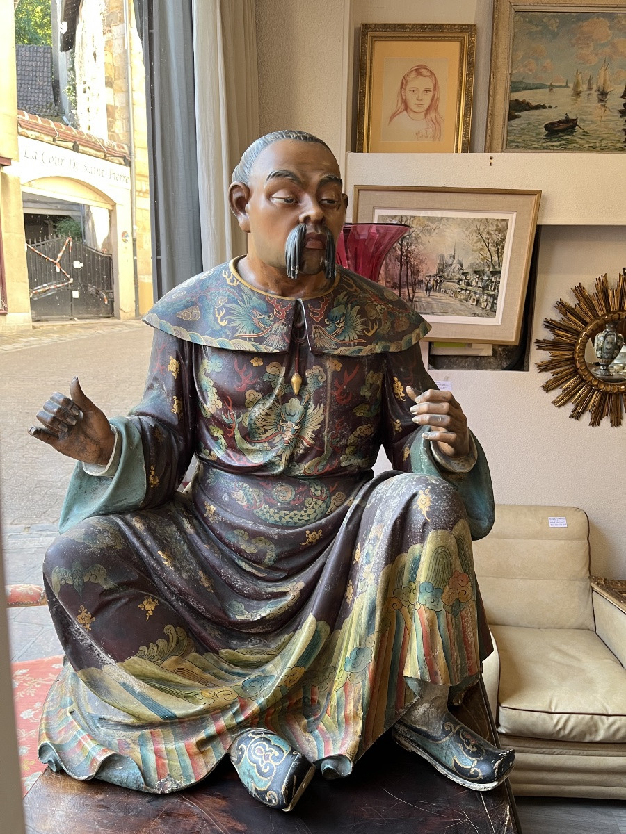 Important Pair Of Polychrome Wooden Sculptures Representing Chinese Dignitaries -photo-5