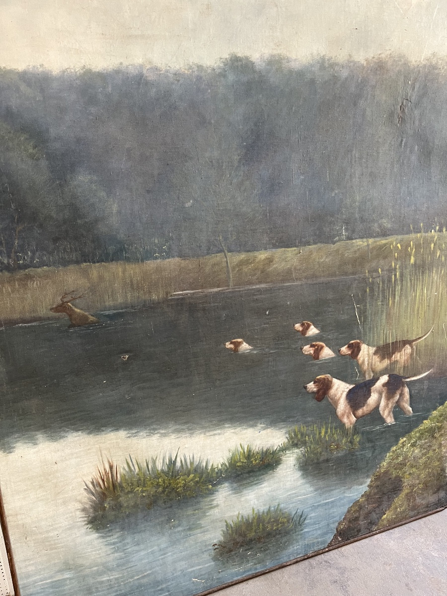 Important tableau d’une scène de chasse à courre 19 éme siècle -photo-1